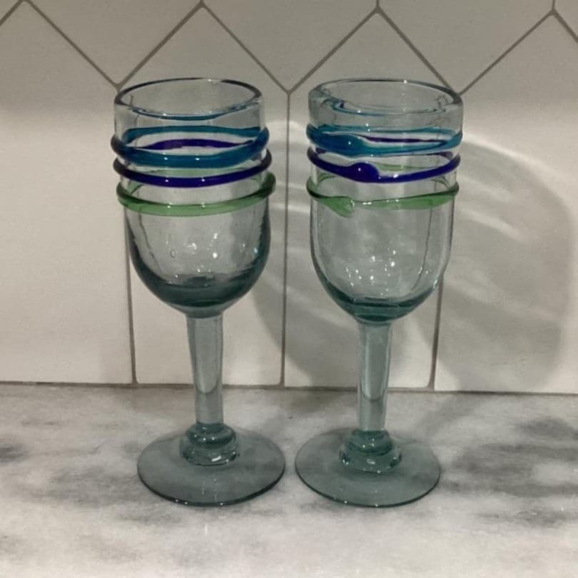 Pier 1 Imports Water Goblets, Set of 2, Vintage Hand Blown Multicolor Rings - Thumbnail 5