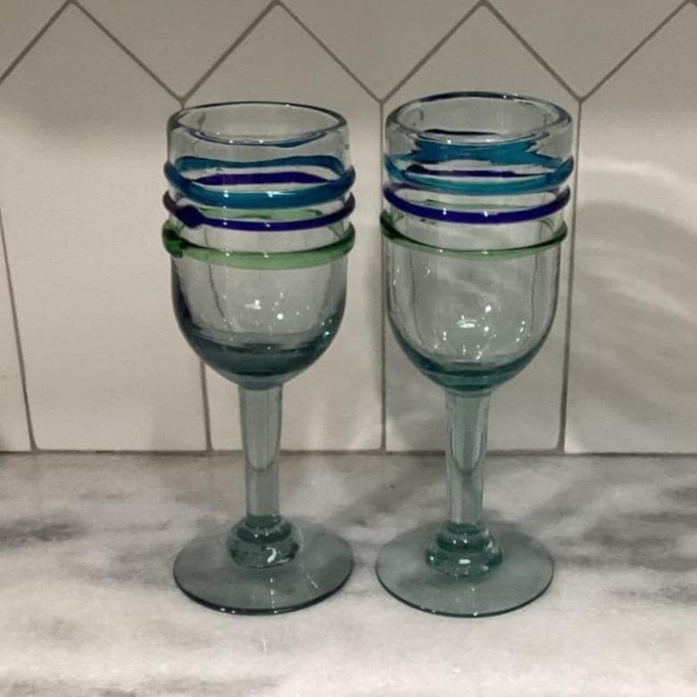 Pier 1 Imports Water Goblets, Set of 2, Vintage Hand Blown Multicolor Rings - Thumbnail 2