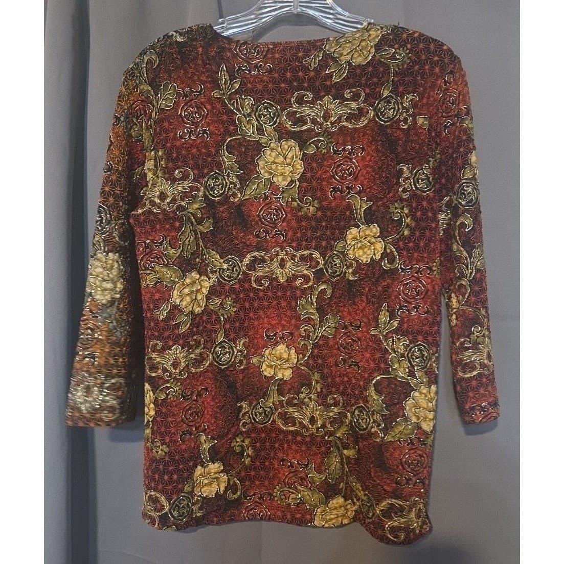 Notations Red Gold Floral 3/4 Sleeve Metallic Knit Top, Woman's Small, 1431N USA - Thumbnail 4