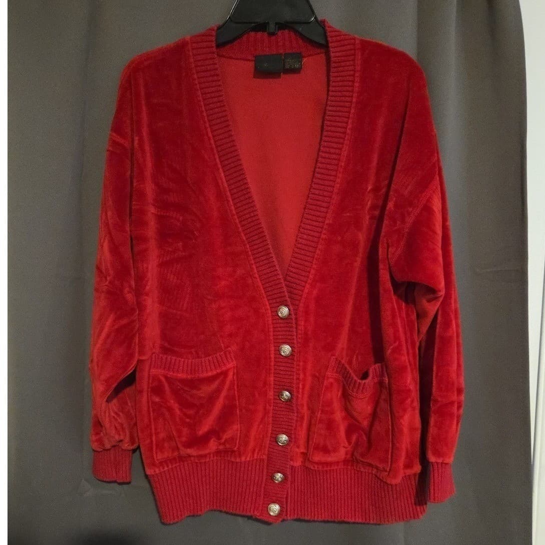 Liz Claiborne Vintage Red Velour V-Neck Cardigan, Women Large Sweater - Thumbnail 3