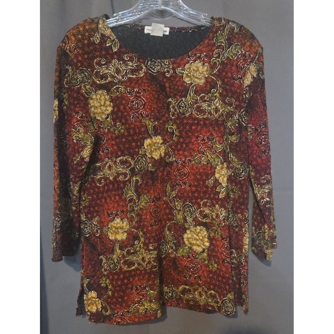 Notations Red Gold Floral 3/4 Sleeve Metallic Knit Top, Woman's Small, 1431N USA - Thumbnail 3