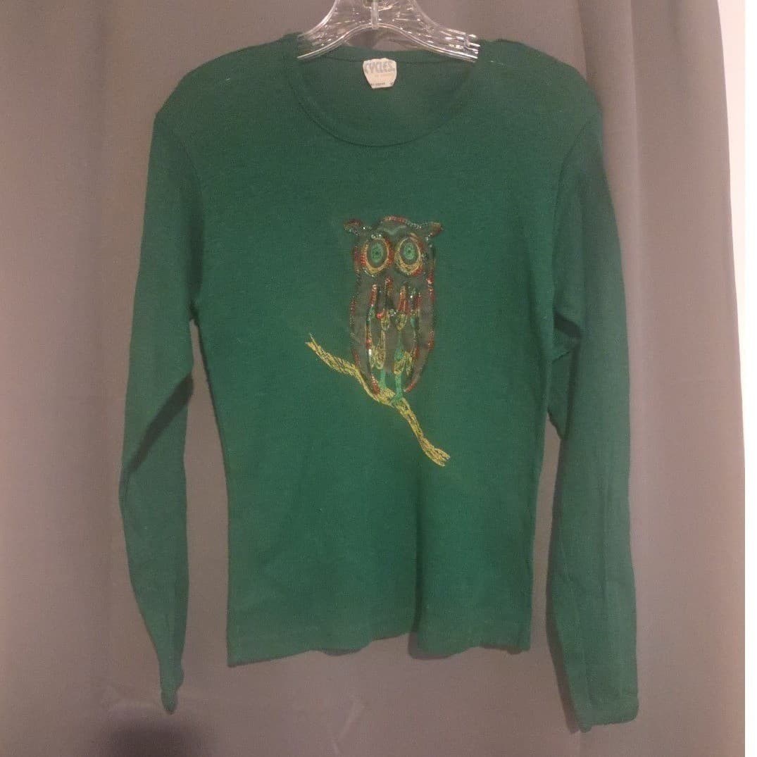 Cycles by Saxony Green Owl Sequined Embroidered Sweater, Vintage Orlon, Large - Thumbnail 3