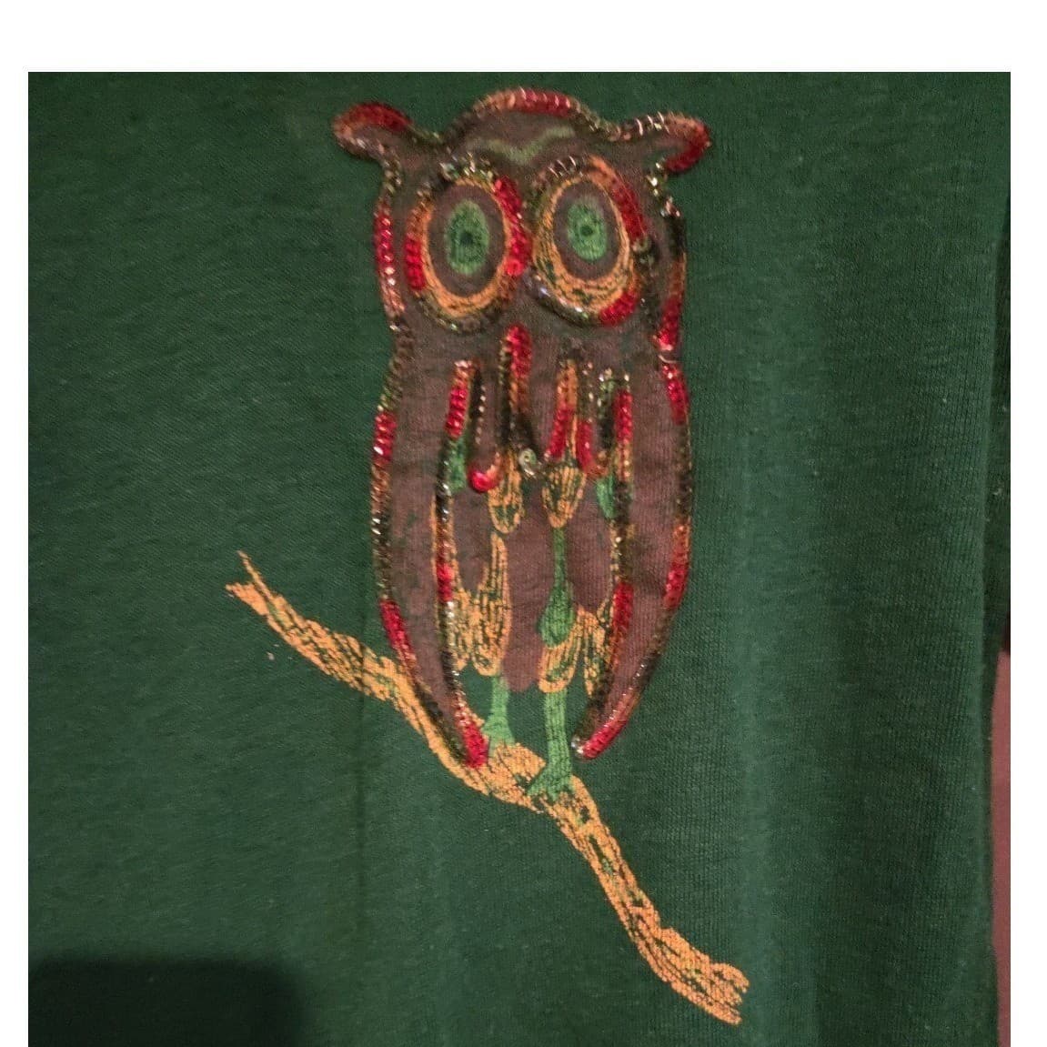 Cycles by Saxony Green Owl Sequined Embroidered Sweater, Vintage Orlon, Large - Thumbnail 7