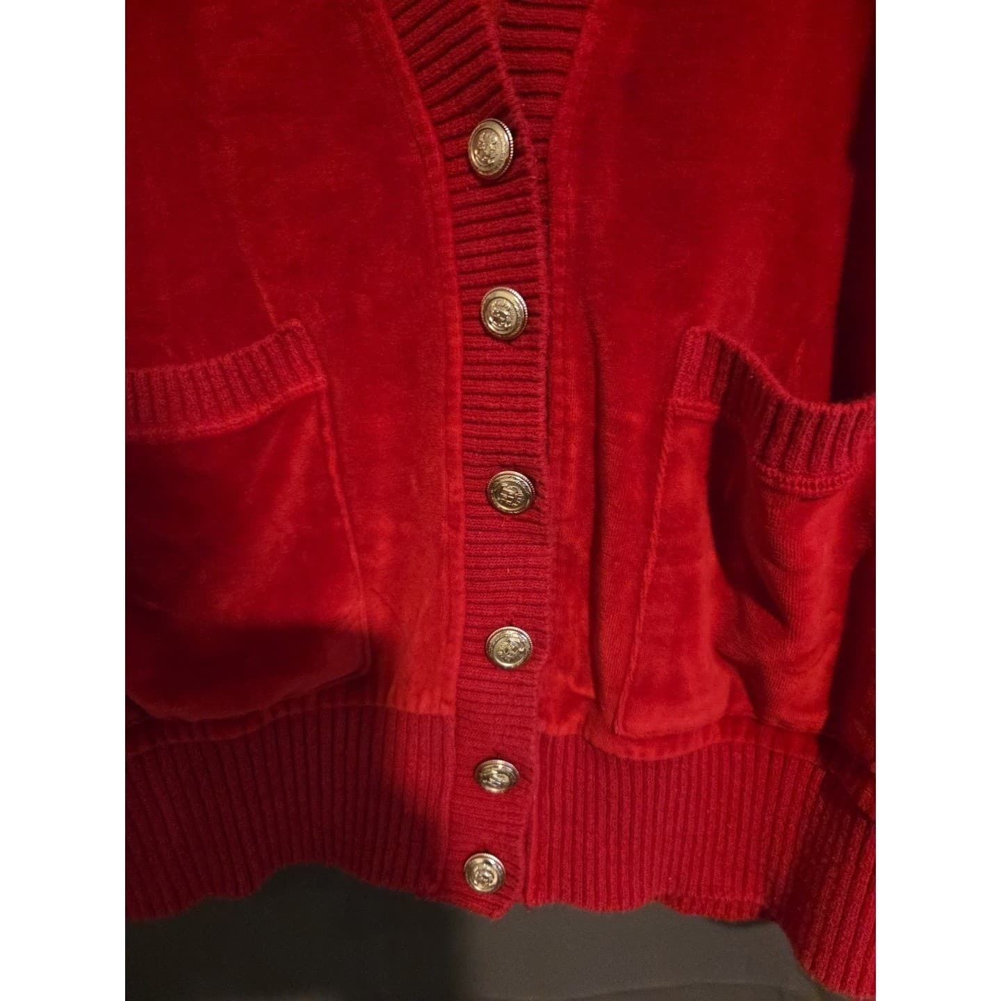 Liz Claiborne Vintage Red Velour V-Neck Cardigan, Women Large Sweater - Thumbnail 6
