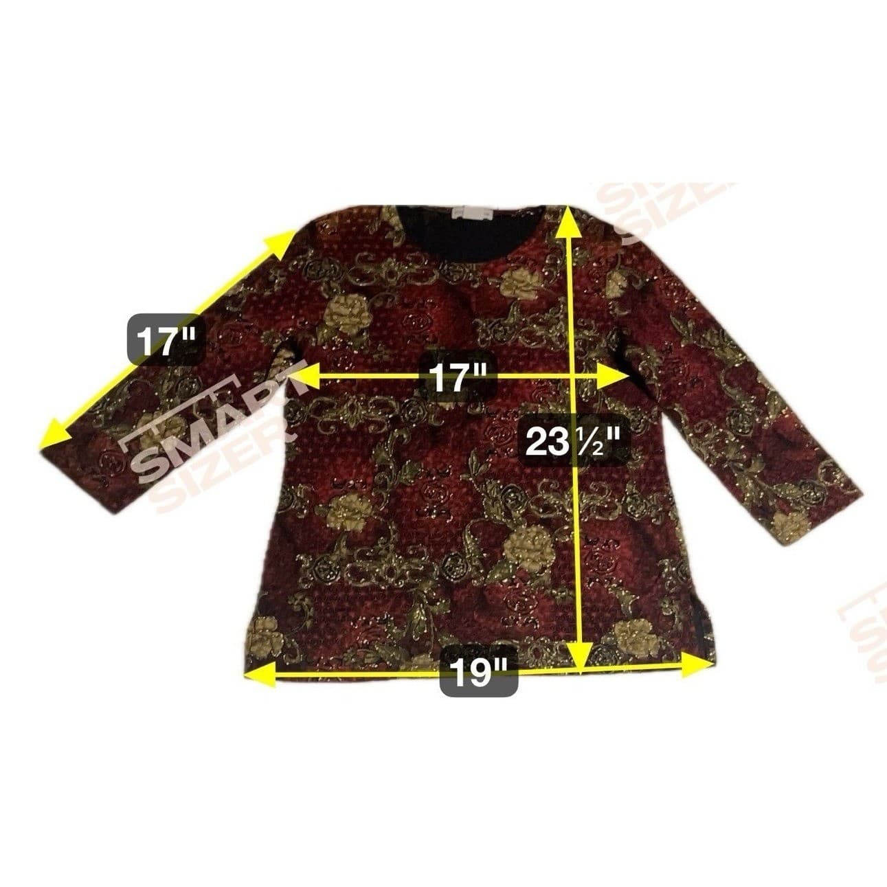 Notations Red Gold Floral 3/4 Sleeve Metallic Knit Top, Woman's Small, 1431N USA - Thumbnail 2