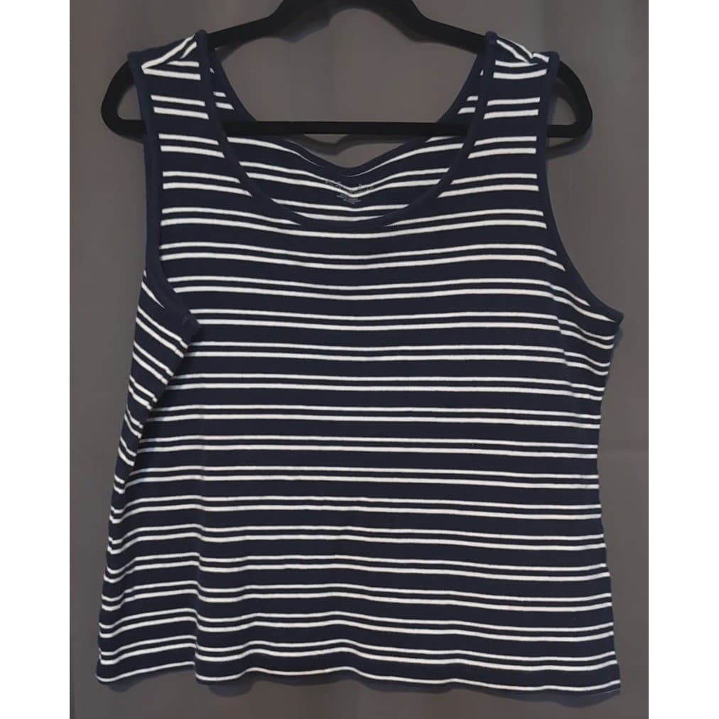 Kim Rogers Navy White Striped Cotton Tank Top, Scoop Neck Women's Large - Thumbnail 3