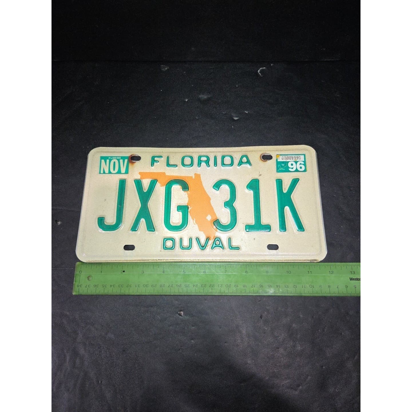 Florida License Plate Duval County JXG 31K, 1996 Vintage Green Orange State Map - Thumbnail 4