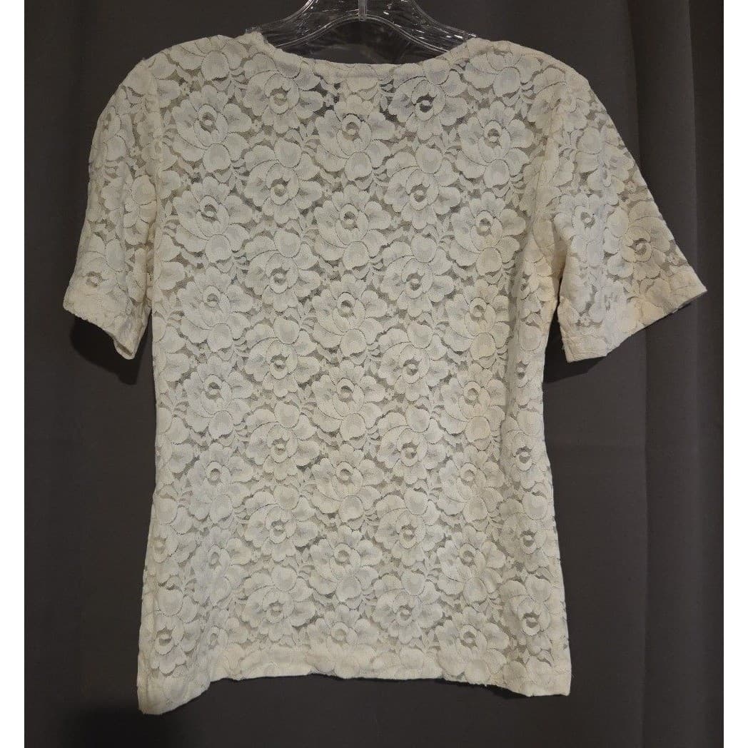 Helene St Marie Ivory Floral Lace Short Sleeve Crew Neck, Woman's Small Top - Thumbnail 3