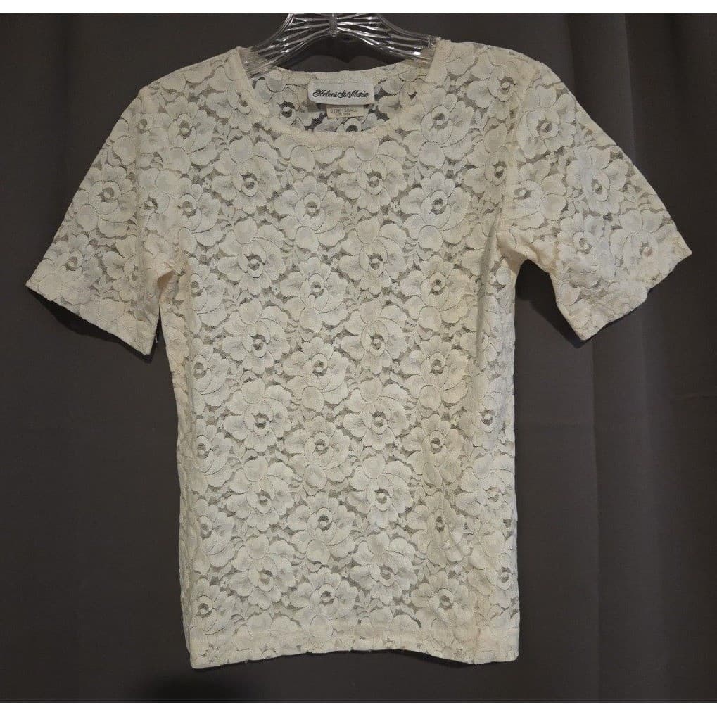 Helene St Marie Ivory Floral Lace Short Sleeve Crew Neck, Woman's Small Top - Thumbnail 2