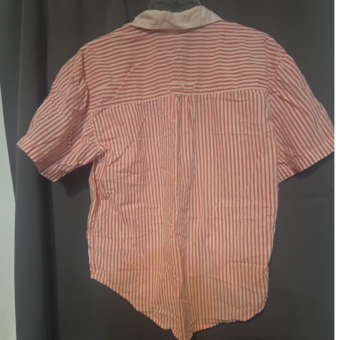 Ilio Orange White Striped Short Sleeve Button Down, Women's Small Shirt Sailboat - Thumbnail 4