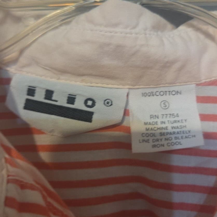 Ilio Orange White Striped Short Sleeve Button Down, Women's Small Shirt Sailboat - Thumbnail 5