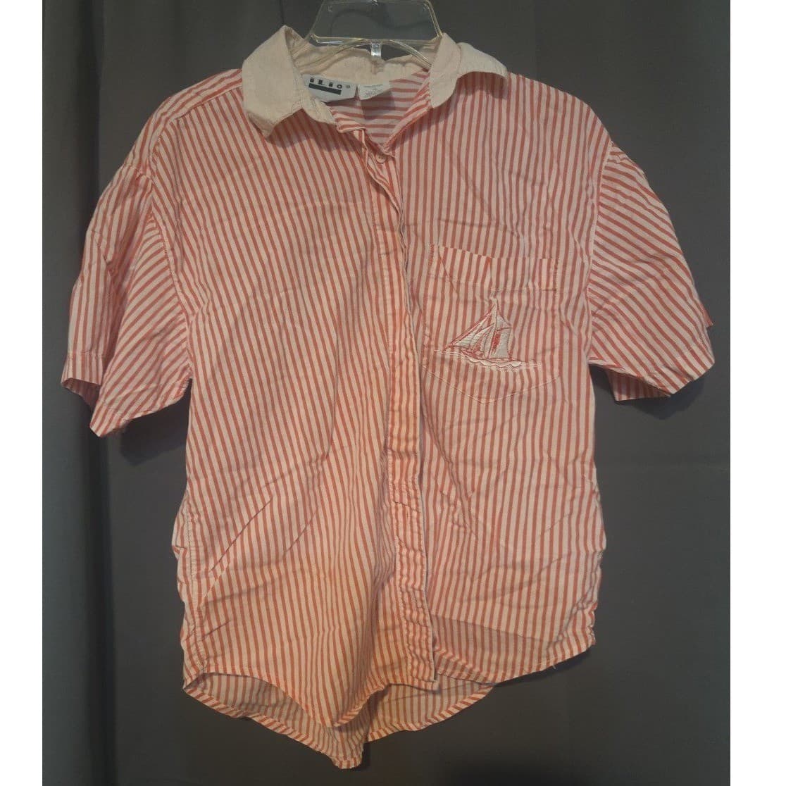 Ilio Orange White Striped Short Sleeve Button Down, Women's Small Shirt Sailboat - Thumbnail 3