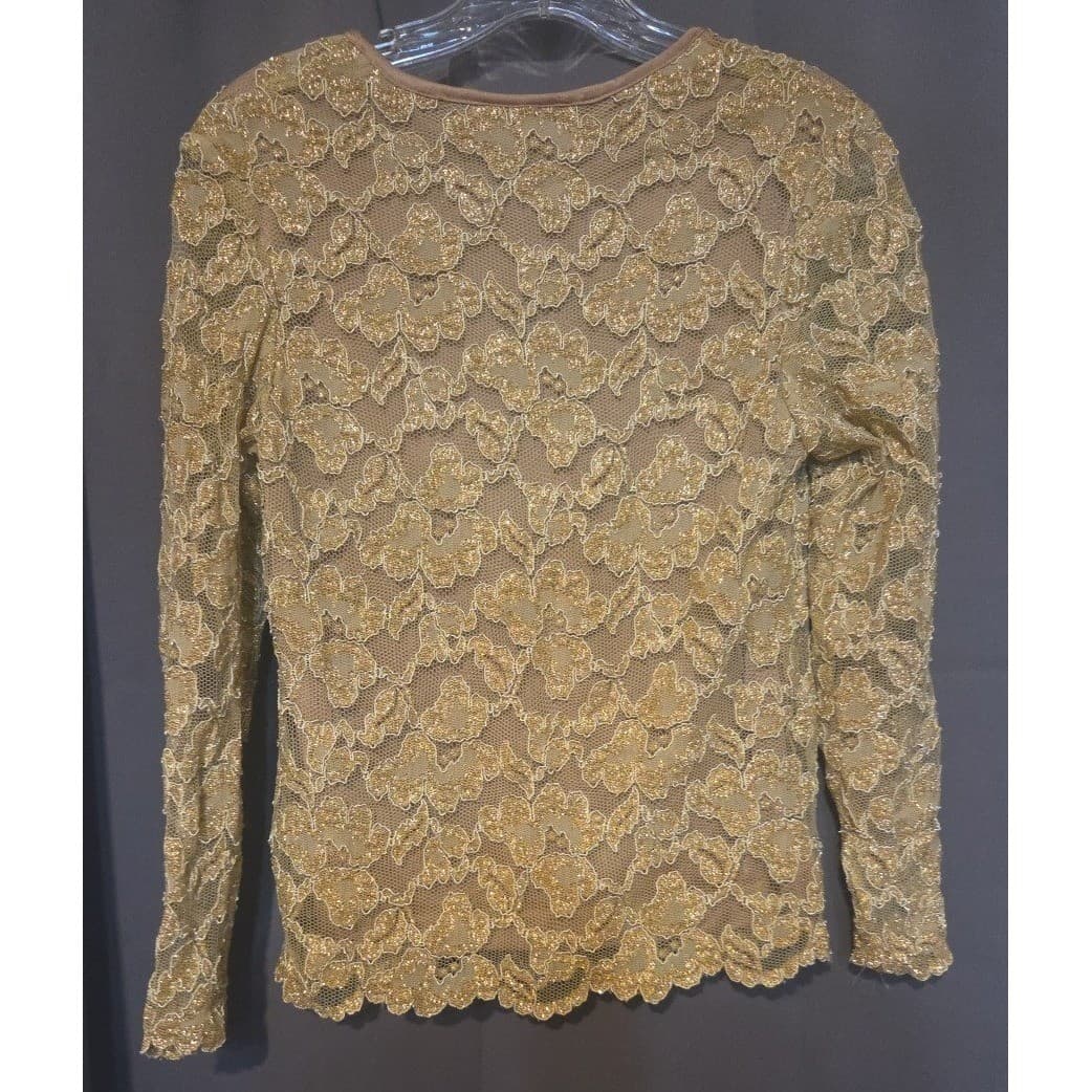 Petite Sophisticate Gold Metallic Floral Lace Long Sleeve Blouse, Crew Neck Top - Thumbnail 4