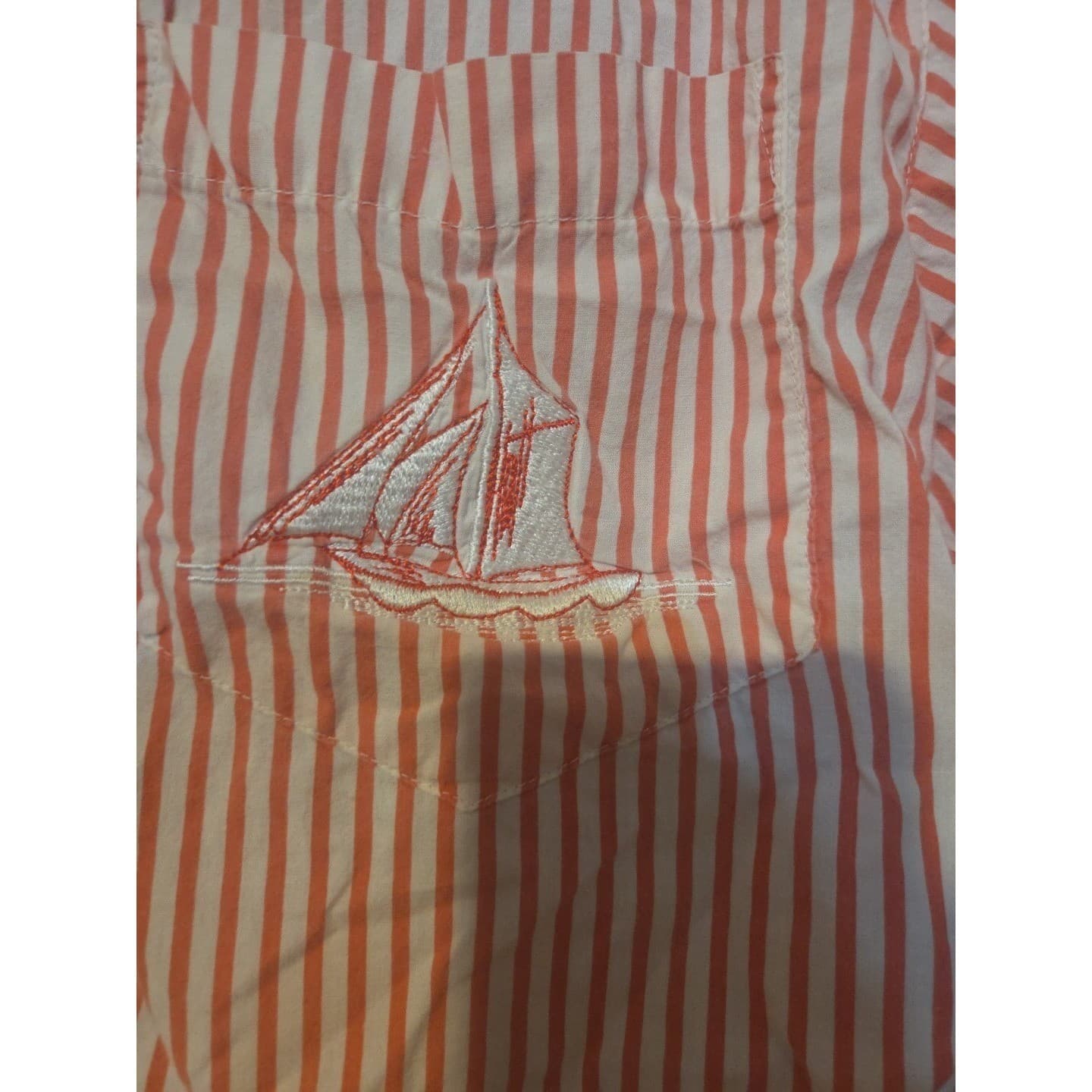 Ilio Orange White Striped Short Sleeve Button Down, Women's Small Shirt Sailboat - Thumbnail 7