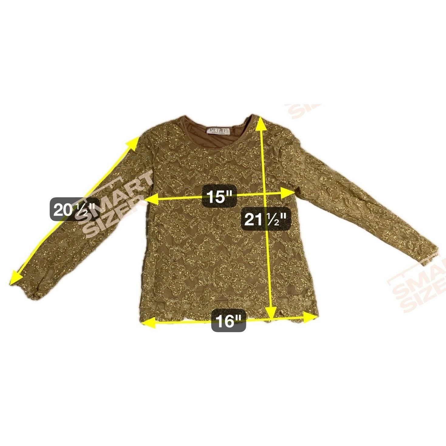 Petite Sophisticate Gold Metallic Floral Lace Long Sleeve Blouse, Crew Neck Top - Thumbnail 2