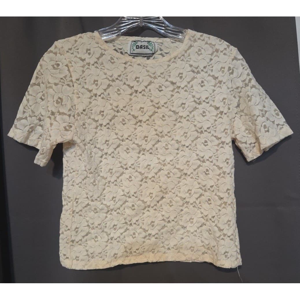 Basil Vintage Cream Floral Lace Short Sleeve Crew Neck Blouse, Women Small Top - Thumbnail 3