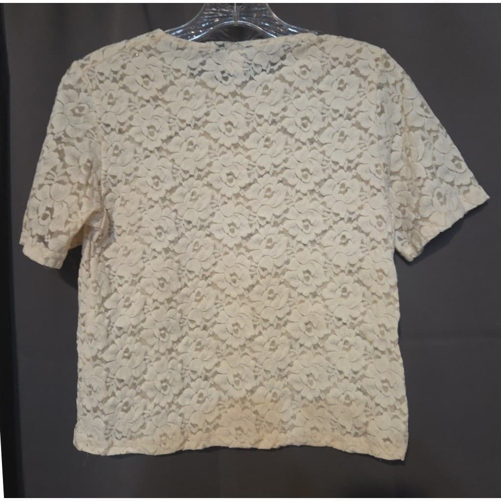 Basil Vintage Cream Floral Lace Short Sleeve Crew Neck Blouse, Women Small Top - Thumbnail 4