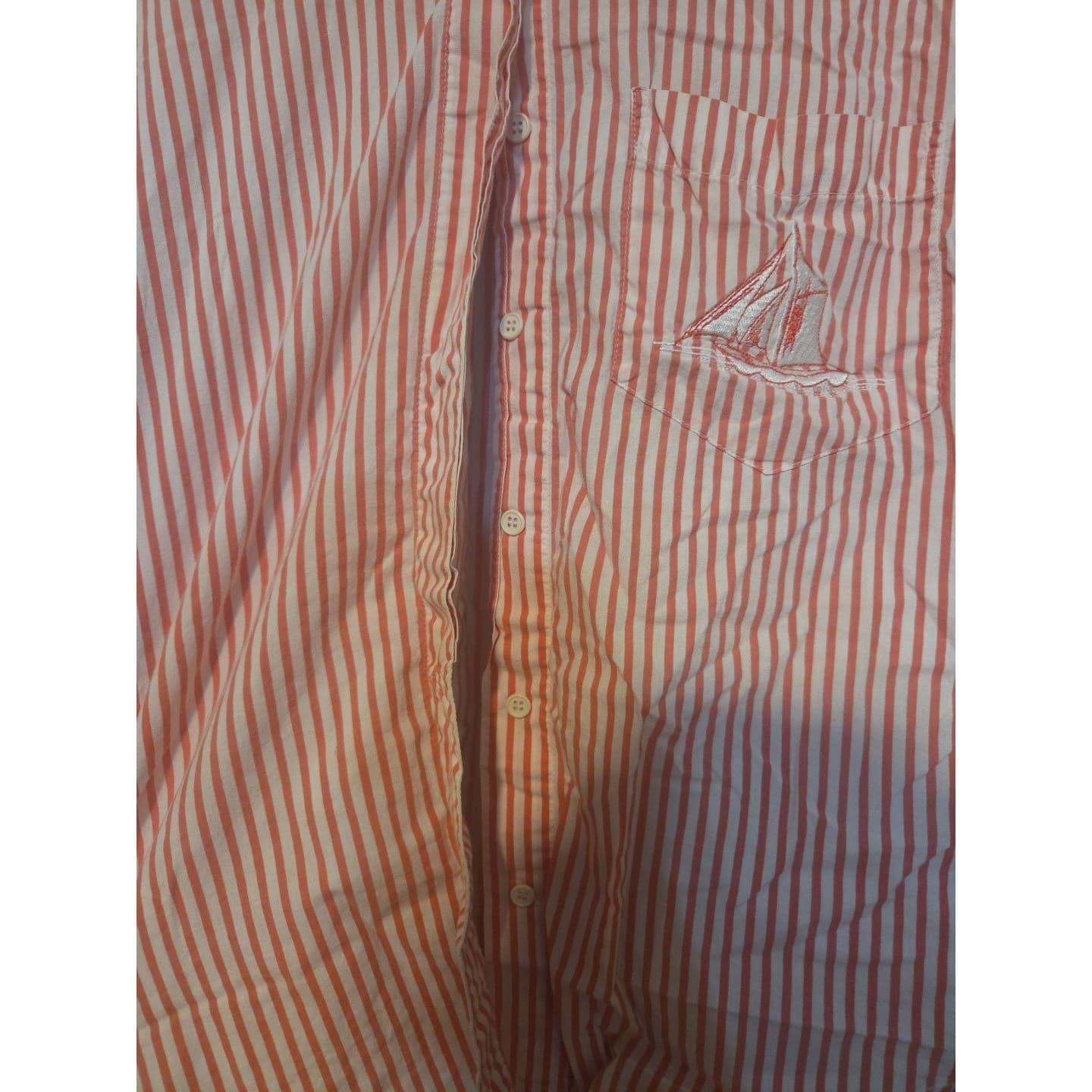 Ilio Orange White Striped Short Sleeve Button Down, Women's Small Shirt Sailboat - Thumbnail 6