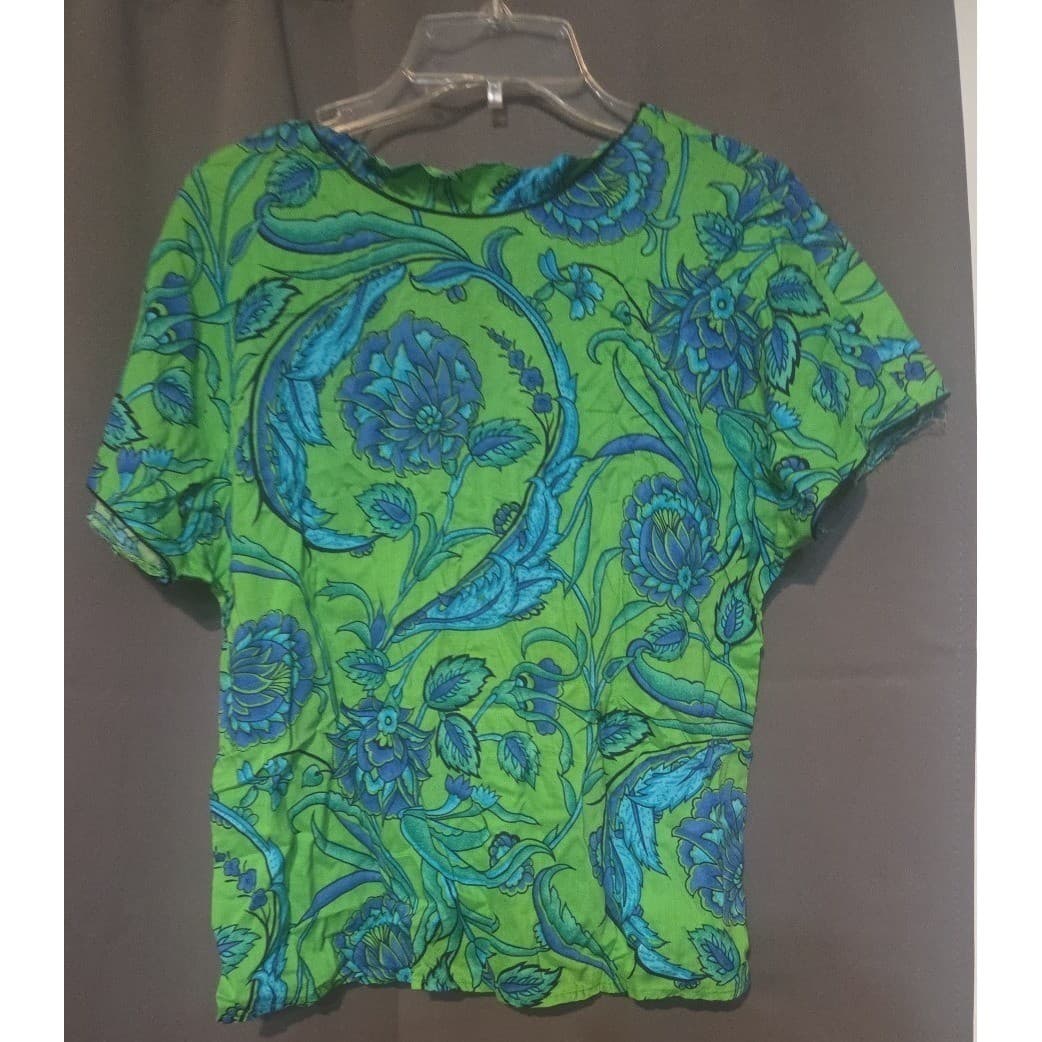 Breckenridge Petites Green Blue Floral Paisley Blouse, Woman's Size 10 Top - Thumbnail 3