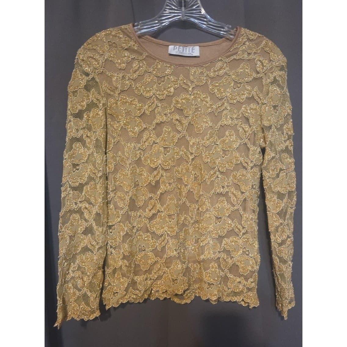 Petite Sophisticate Gold Metallic Floral Lace Long Sleeve Blouse, Crew Neck Top - Thumbnail 3