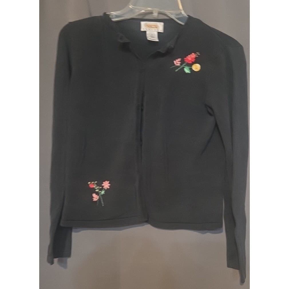 Talbots Petites Black Floral Embroidered Button Front Cardigan, Woman's Size 6P - Thumbnail 3
