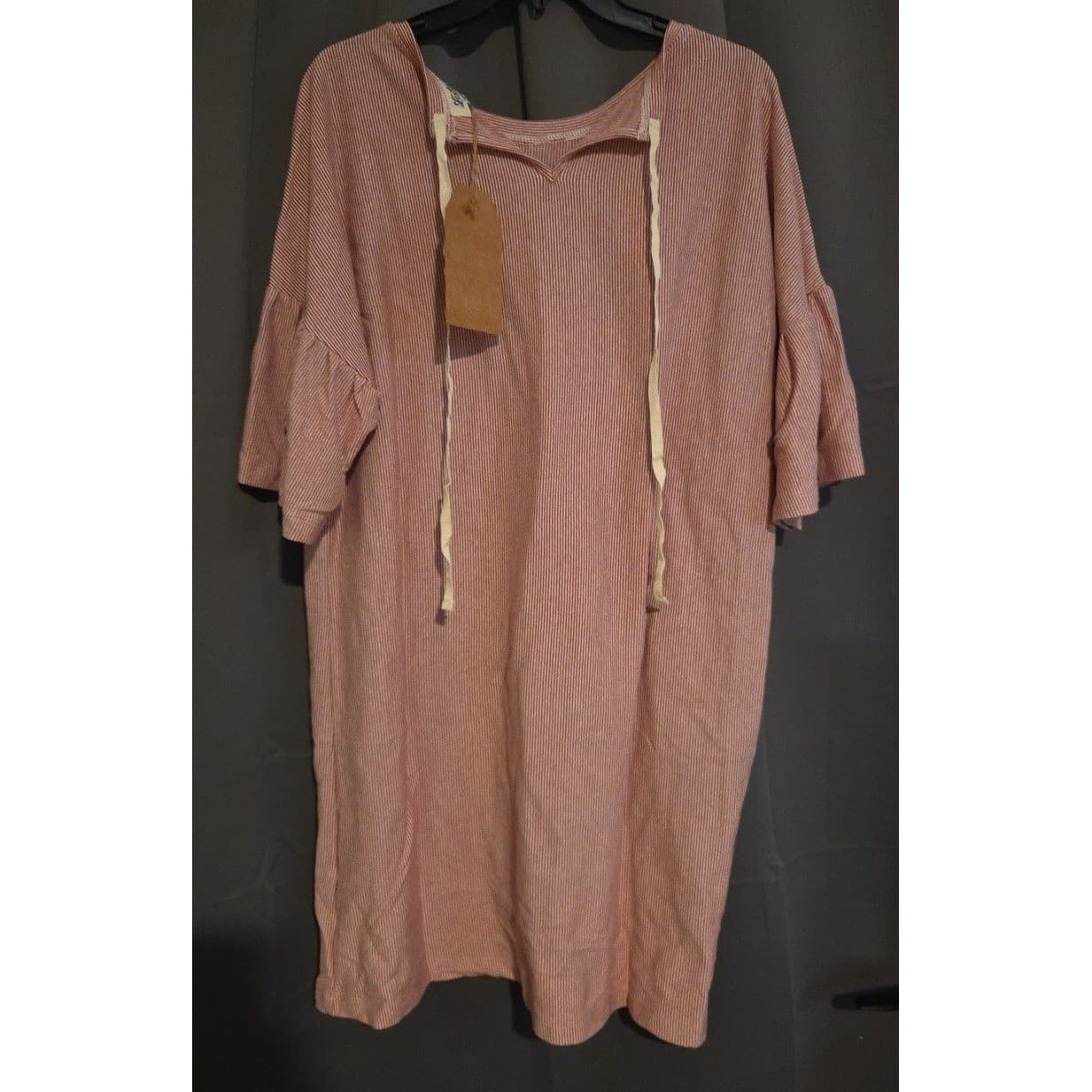 Listicle Pink White Striped Ruffle Sleeve Shift Mini Dress, Women's Large NWT - Thumbnail 4