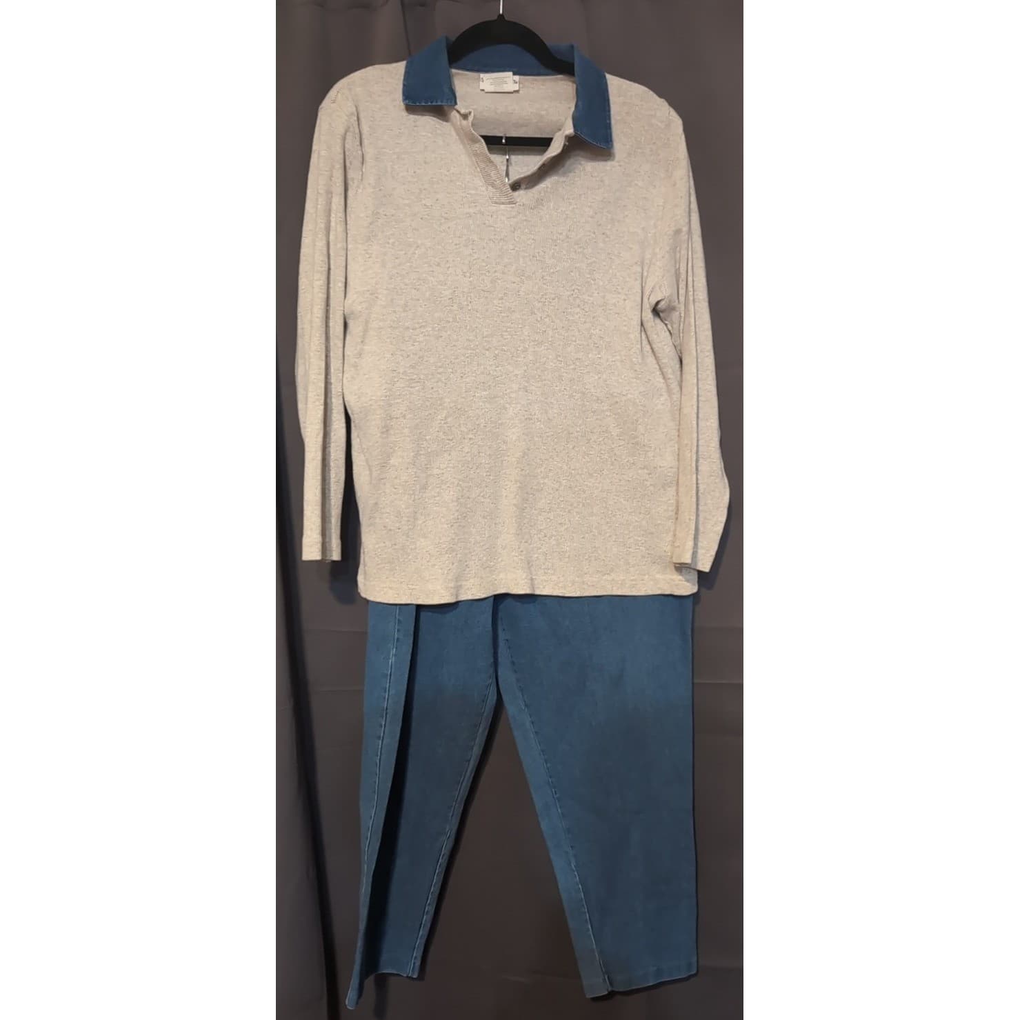 Season Ticket Vintage Gray Ribbed Polo Top & Blue Pants Set, Women's Size L/16 - Thumbnail 4
