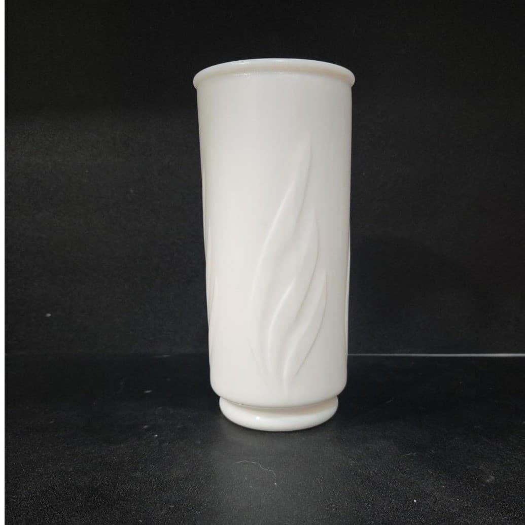 Milk Glass White Cylinder Flower Vase, Ribbed Raised Leaf Pattern, Vintage Decor - Thumbnail 2