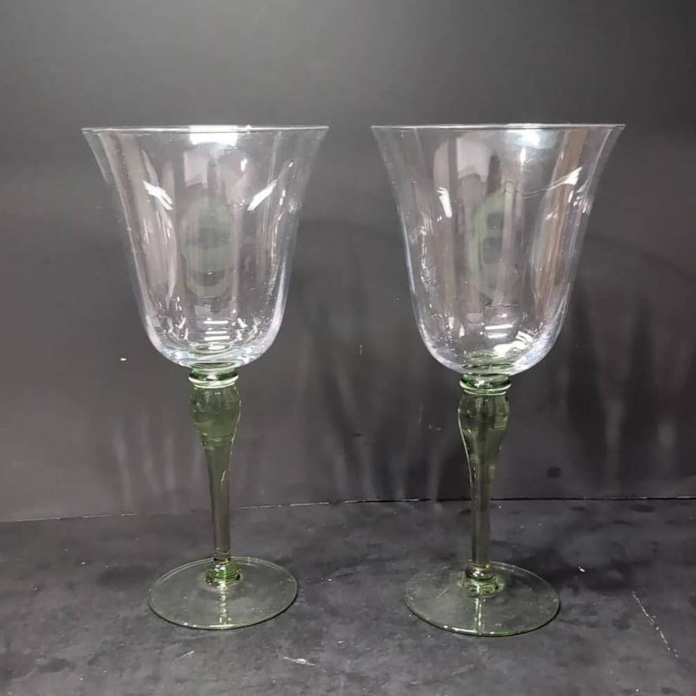 Block Hand Blown Green Melody Goblets, Set Of 2, Vintage Optic Design Glasses - Thumbnail 2