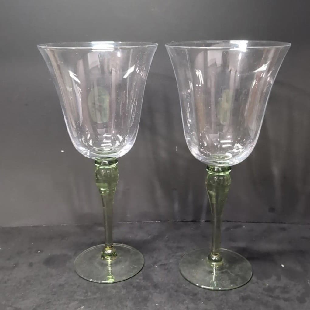 Block Hand Blown Green Melody Goblets, Set Of 2, Vintage Optic Design Glasses - Thumbnail 5