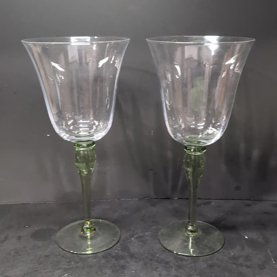 Block Hand Blown Green Melody Goblets, Set Of 2, Vintage Optic Design Glasses - Thumbnail 4