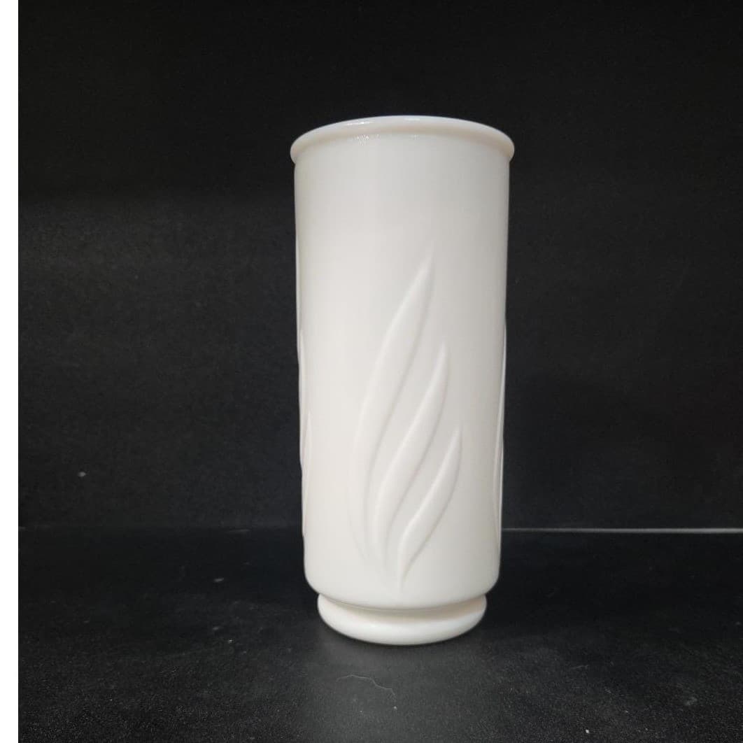 Milk Glass White Cylinder Flower Vase, Ribbed Raised Leaf Pattern, Vintage Decor - Thumbnail 3