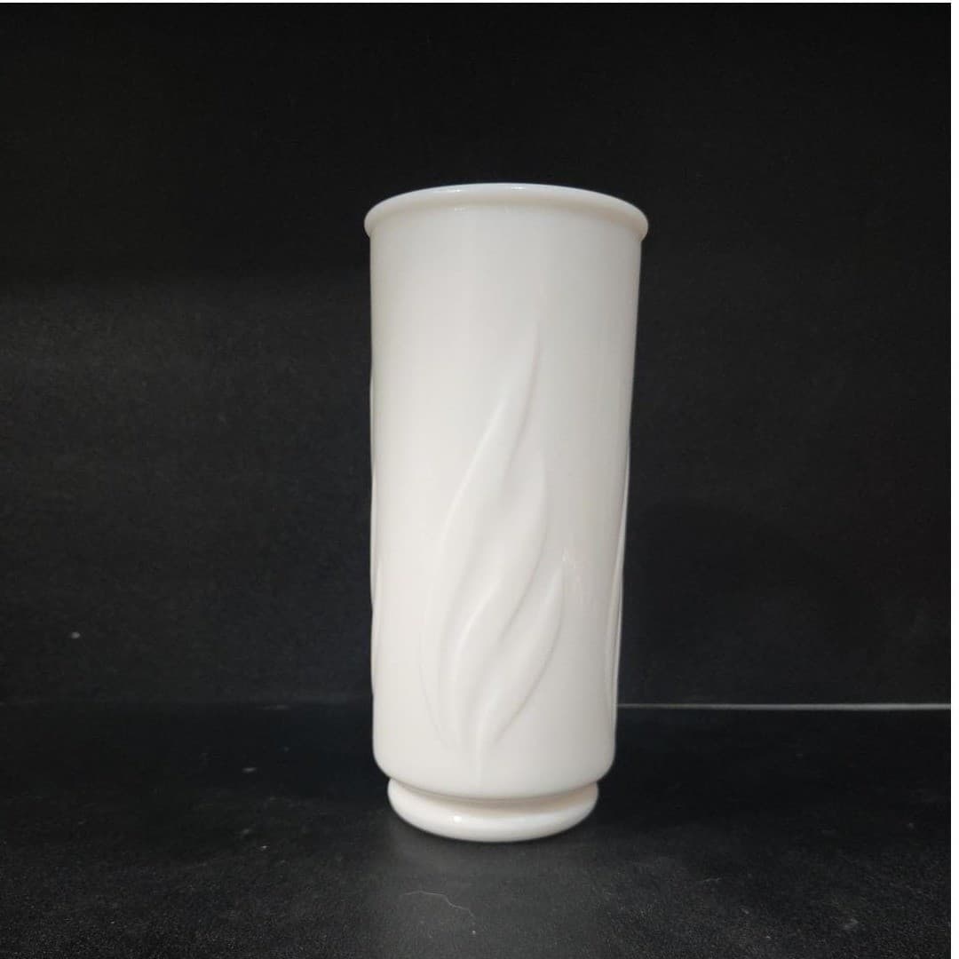 Milk Glass White Cylinder Flower Vase, Ribbed Raised Leaf Pattern, Vintage Decor - Thumbnail 4