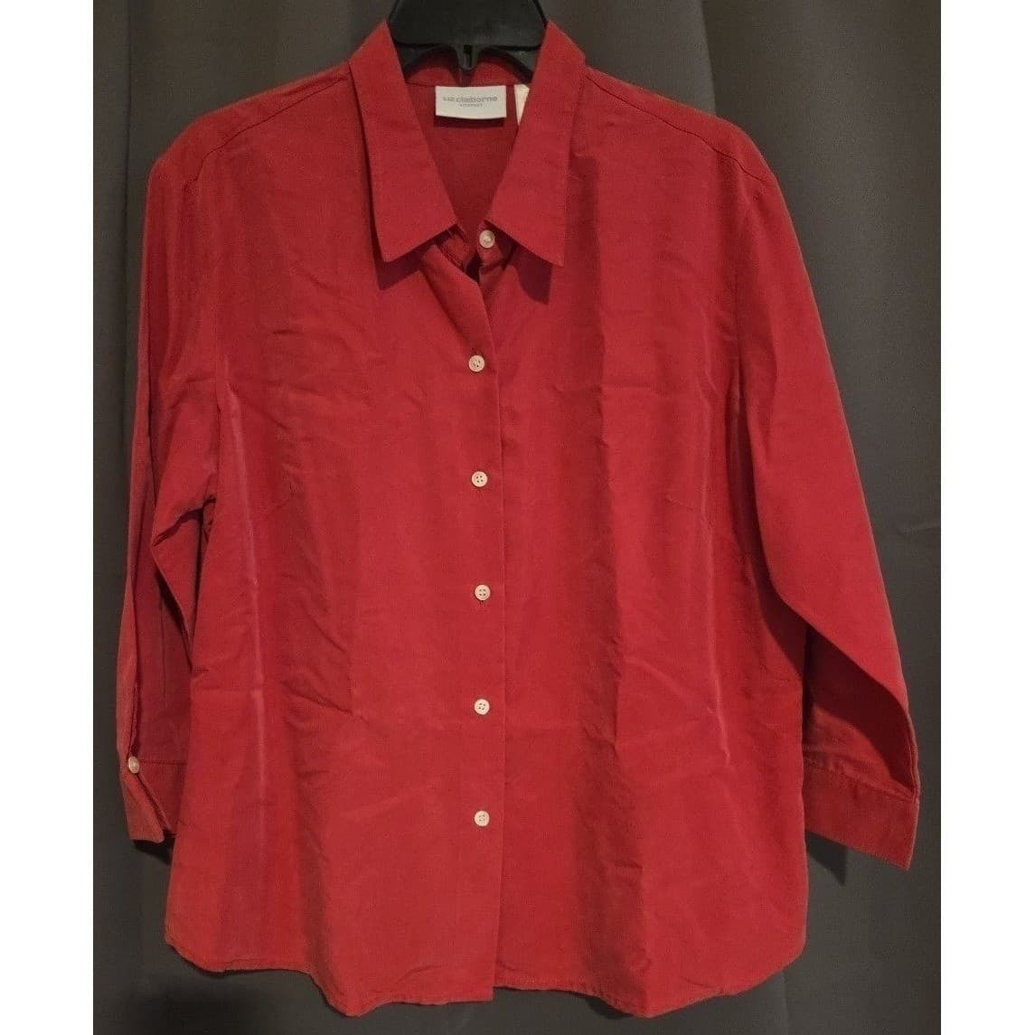 Liz Claiborne Lizsport Red Button Down Shirt 3/4 Sleeve Rayon Blend Womens Large - Thumbnail 3