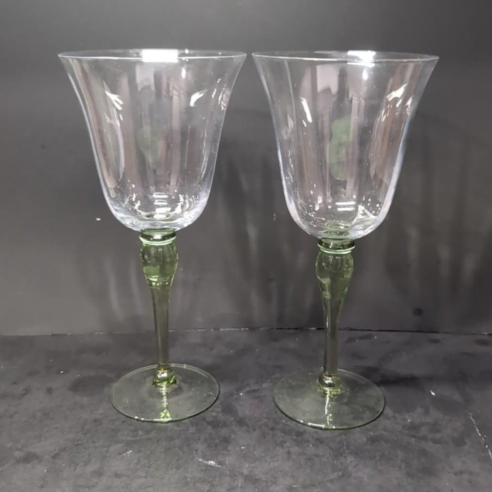 Block Hand Blown Green Melody Goblets, Set Of 2, Vintage Optic Design Glasses - Thumbnail 3