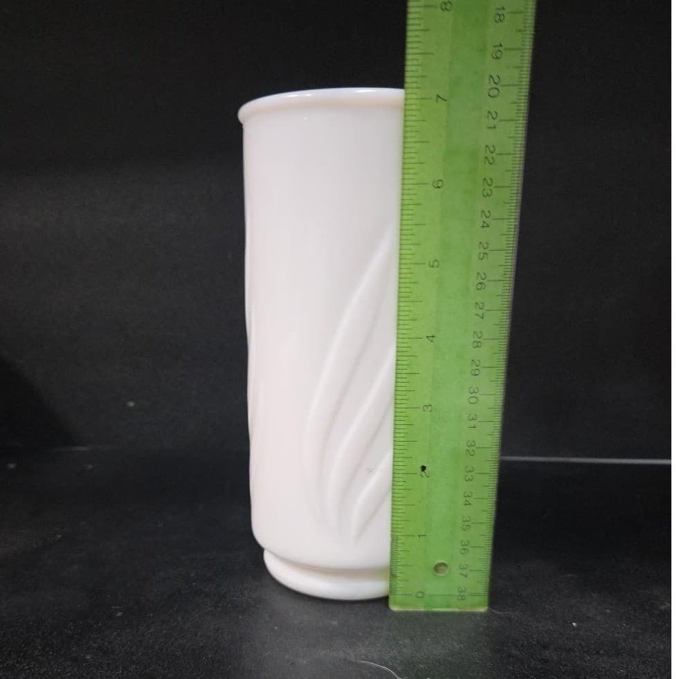 Milk Glass White Cylinder Flower Vase, Ribbed Raised Leaf Pattern, Vintage Decor - Thumbnail 9