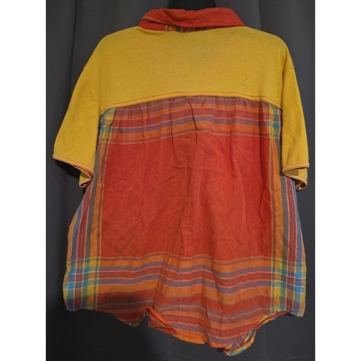 Voulez-Vous Plaid Colorblock Short Sleeve Polo, Women's Yellow Orange Red Shirt - Thumbnail 3
