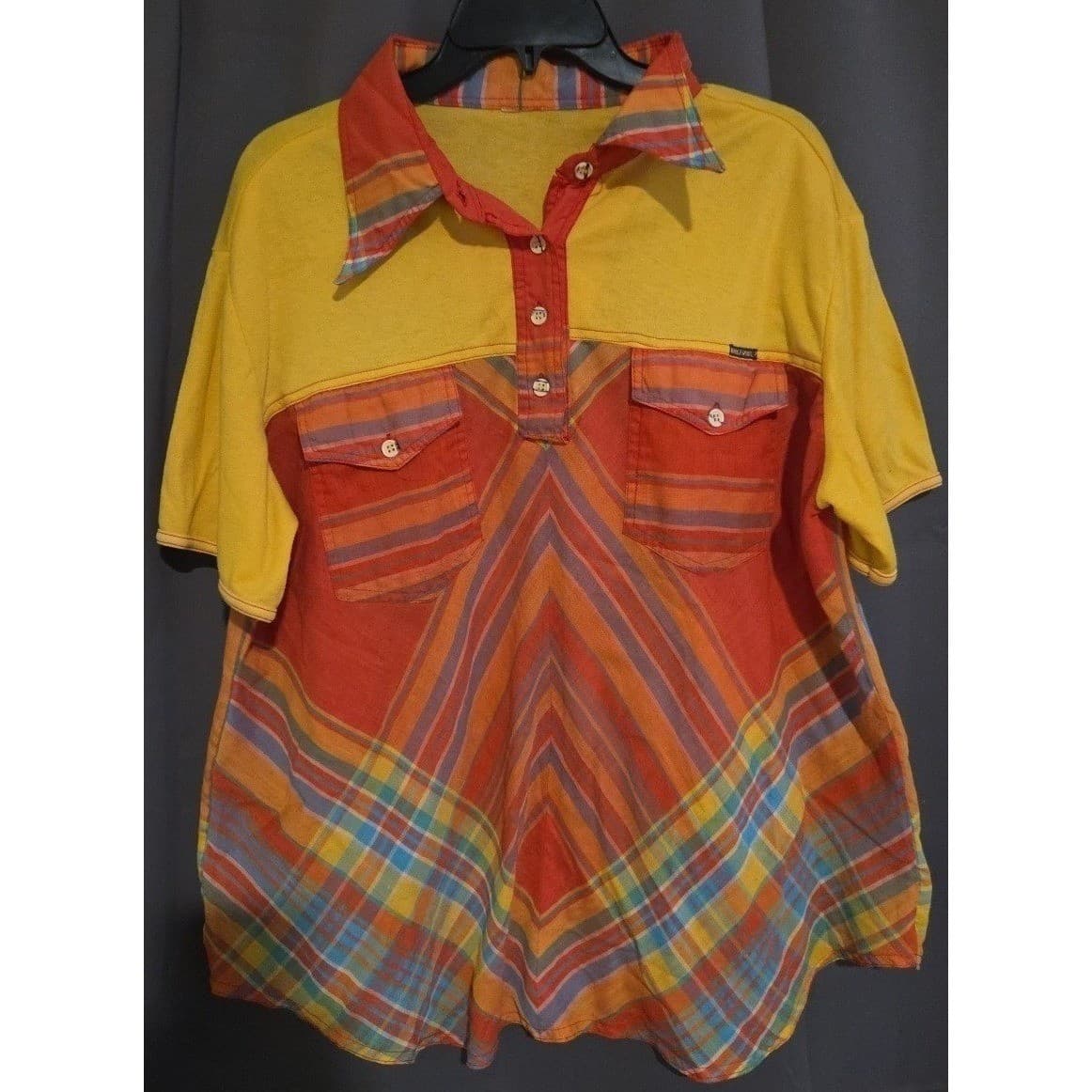 Voulez-Vous Plaid Colorblock Short Sleeve Polo, Women's Yellow Orange Red Shirt - Thumbnail 2