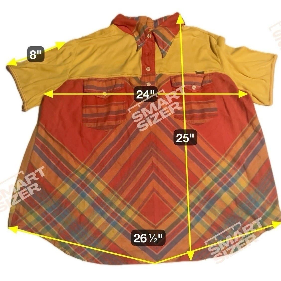 Voulez-Vous Plaid Colorblock Short Sleeve Polo, Women's Yellow Orange Red Shirt - Thumbnail 5