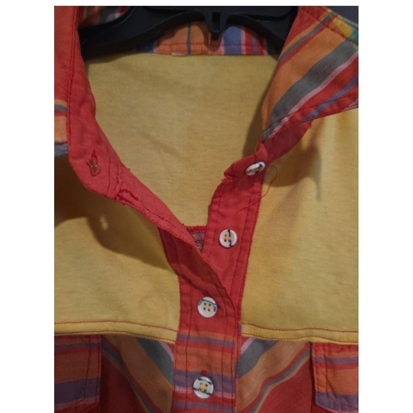 Voulez-Vous Plaid Colorblock Short Sleeve Polo, Women's Yellow Orange Red Shirt - Thumbnail 6
