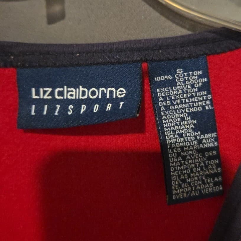 Liz Claiborne Lizsport Red V-Neck Long Sleeve Top Navy Trim, Womens Small - Thumbnail 5