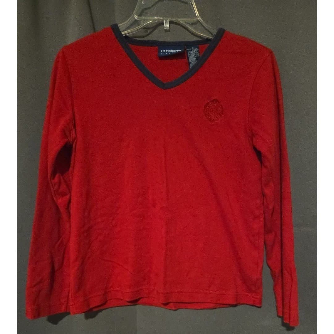 Liz Claiborne Lizsport Red V-Neck Long Sleeve Top Navy Trim, Womens Small - Thumbnail 3