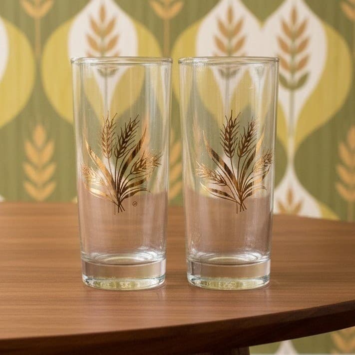 Golden Wheat Highball Tumblers, Set of 2, Mid-Century Modern Glasses, Drinkware