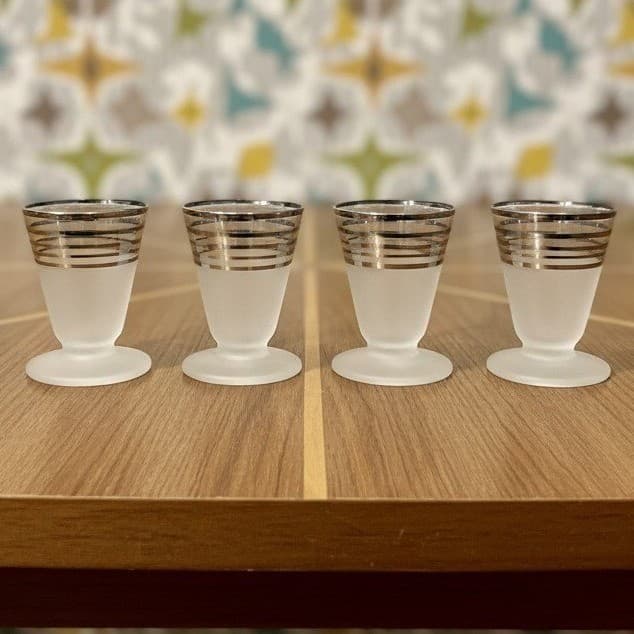 Platinum Banded Frosted Cocktail Glasses, Set of 4, Mid-Century Modern Cups