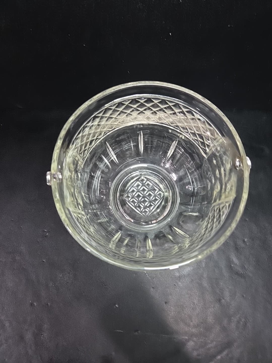 Art Deco Ice Bucket, Cut Diamond Glass, Hammered Silver Handle, Bar Accessory - Thumbnail 6