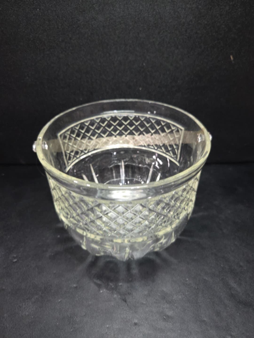 Art Deco Ice Bucket, Cut Diamond Glass, Hammered Silver Handle, Bar Accessory - Thumbnail 5