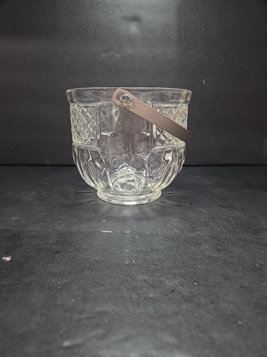 Art Deco Ice Bucket, Cut Diamond Glass, Hammered Silver Handle, Bar Accessory - Thumbnail 4