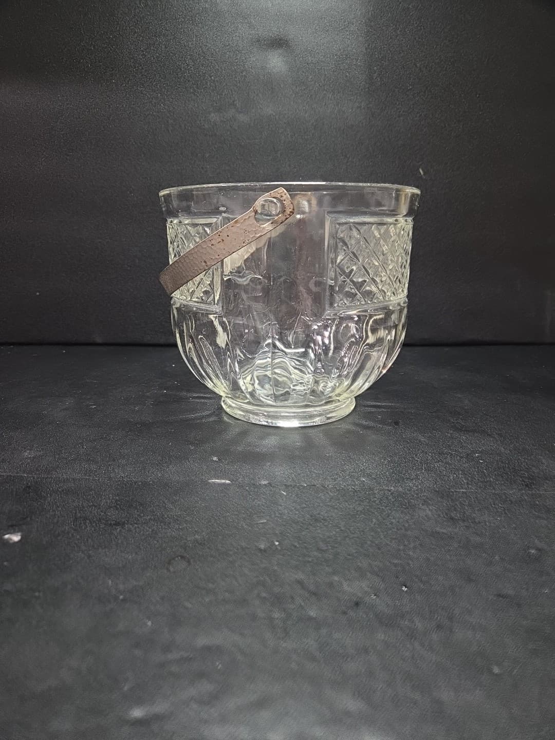 Art Deco Ice Bucket, Cut Diamond Glass, Hammered Silver Handle, Bar Accessory - Thumbnail 2