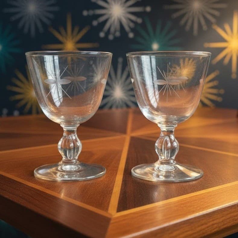 Libbey Rock Sharpe Starglow Cocktail Goblets, Set Of 2, Etched Glassware, #8900