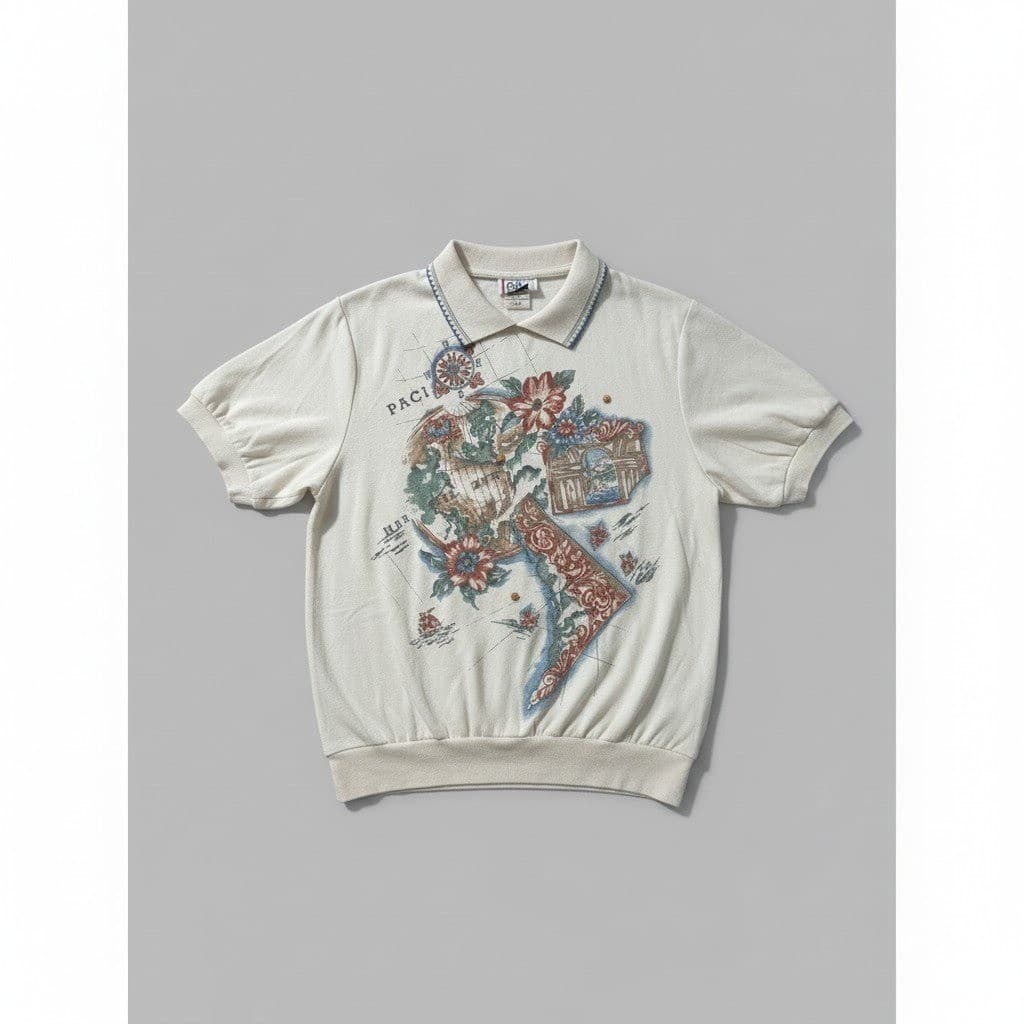 Cricket Lane Nautical Map Polo, Woman's Small, Vintage Floral Motif, Made in USA
